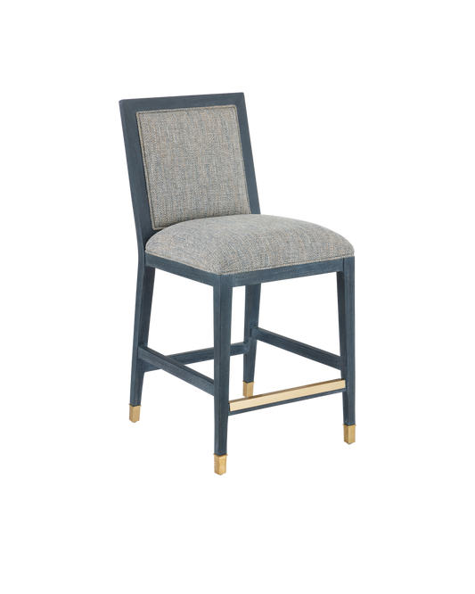 Currey & Co Santos Vintage Navy Counter Stool, Barrett Dusk in Vintage Navy/Performance Barrett Dusk/Satin Brass 7000-0902