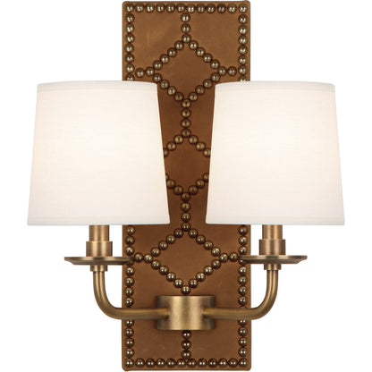 Robert Abbey  Williamsburg Williamsburg Lightfoot Wall Sconce in Backplate Upholstered in English Ochre Leather with Nailhead Detail and Aged Brass Accents 1030