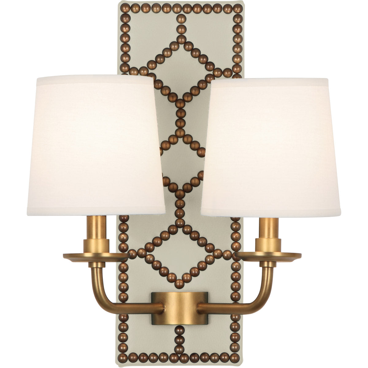 Robert Abbey  Williamsburg Williamsburg Lightfoot Wall Sconce in Backplate Upholstered in Bruton White Leather with Nailhead Detail and Aged Brass Accents 1032