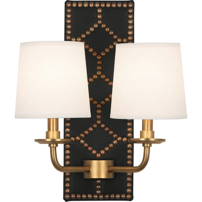 Robert Abbey  Williamsburg Williamsburg Lightfoot Wall Sconce in Backplate Upholstered in Blacksmith Black Leather with Nailhead Detail and Aged Brass Accents 1035