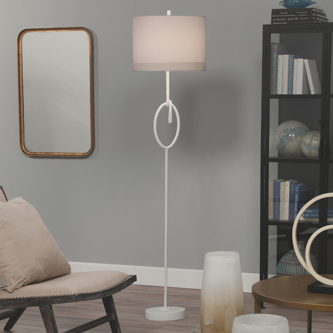 Jamie Young Knot Floor Lamp in White Gesso with Wide Oval Shade in Off White Linen 1KNOT-FLWH