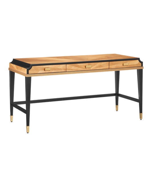 Currey & Co Kallista Taupe Large Desk in Taupe/Caviar Black/Polished Brass/Blue 3000-0289