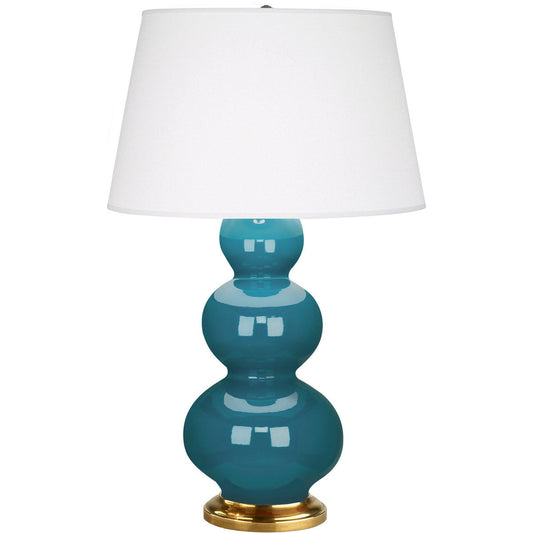 Robert Abbey  Peacock Triple Gourd Table Lamp in Peacock Glazed Ceramic with Antique Natural Brass Finished Accents 323X