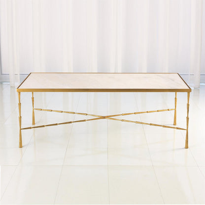 Global Views Spike Cocktail Table Antique Brass with White Marble Top 7.90458