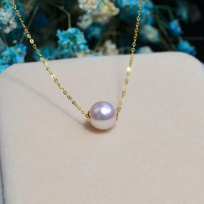 Road Pass 18 K gold Akoya natural seawater pearl pendant necklace, clavicle containing 18K gold chain