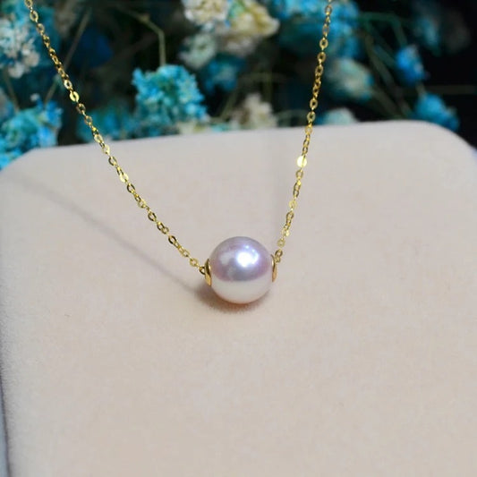 Road Pass 18 K gold Akoya natural seawater pearl pendant necklace, clavicle containing 18K gold chain