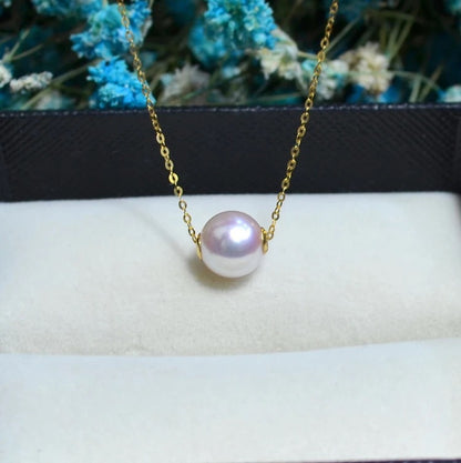 Road Pass 18 K gold Akoya natural seawater pearl pendant necklace, clavicle containing 18K gold chain