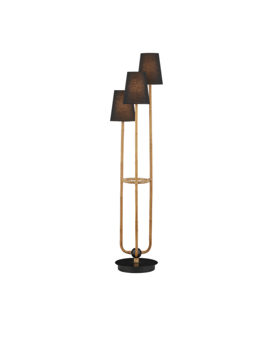 Currey & Co Triptych Floor Lamp in Natural Rattan/Satin Black 8000-0159