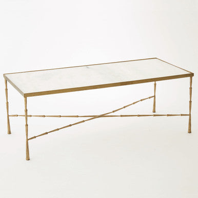 Global Views Spike Cocktail Table Antique Brass with White Marble Top 7.90458