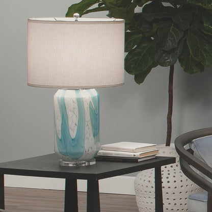 Jamie Young Helen Table Lamp in Pale Blue Glass with Classic Drum Shade in Sea Salt Linen 9HELENTLBLUE