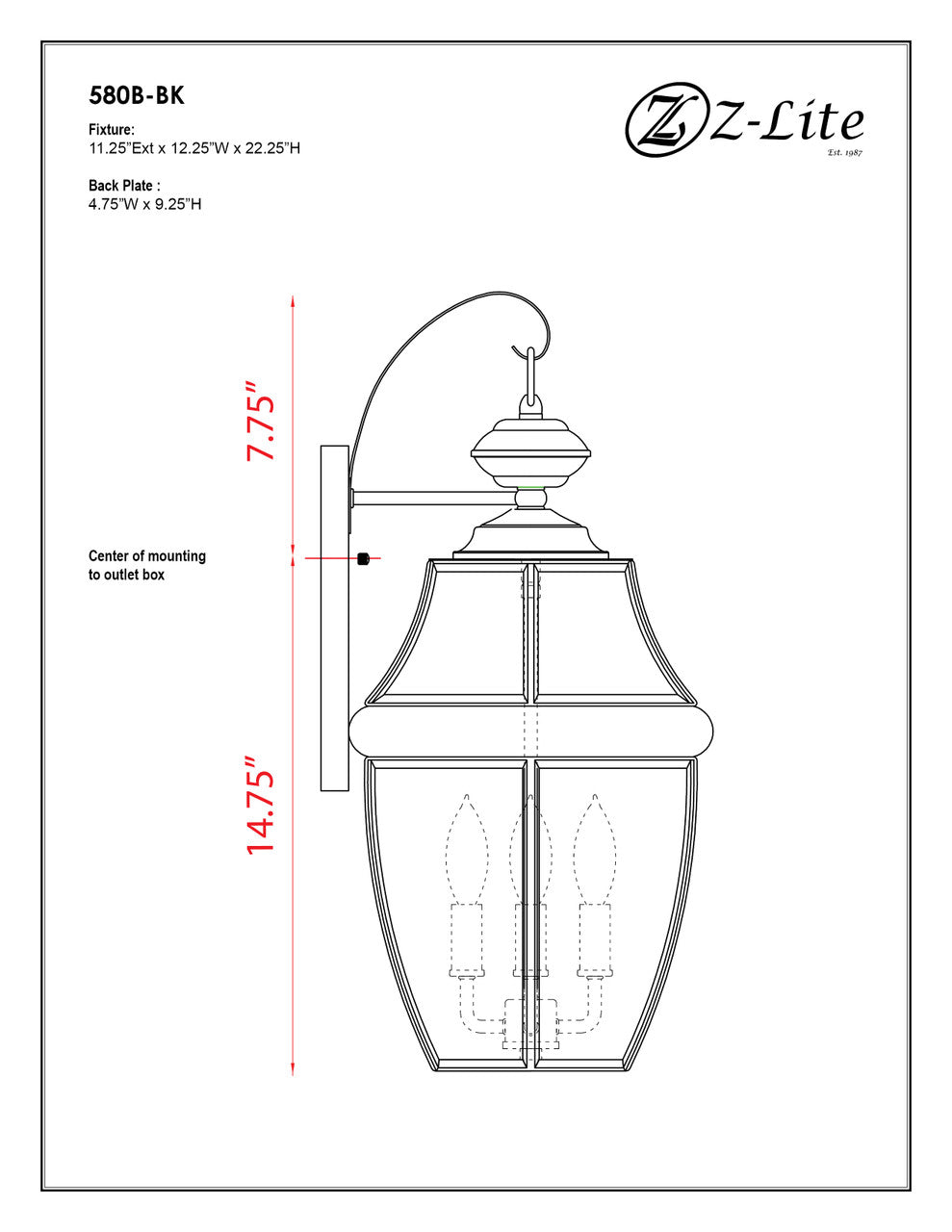 Z-Lite Westover 3 Light Outdoor Wall Light in Black 580B-BK