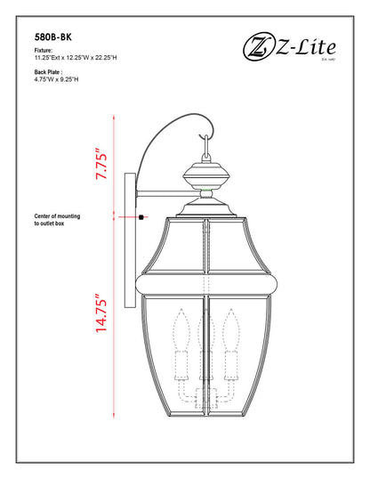 Z-Lite Westover 3 Light Outdoor Wall Light in Black 580B-BK