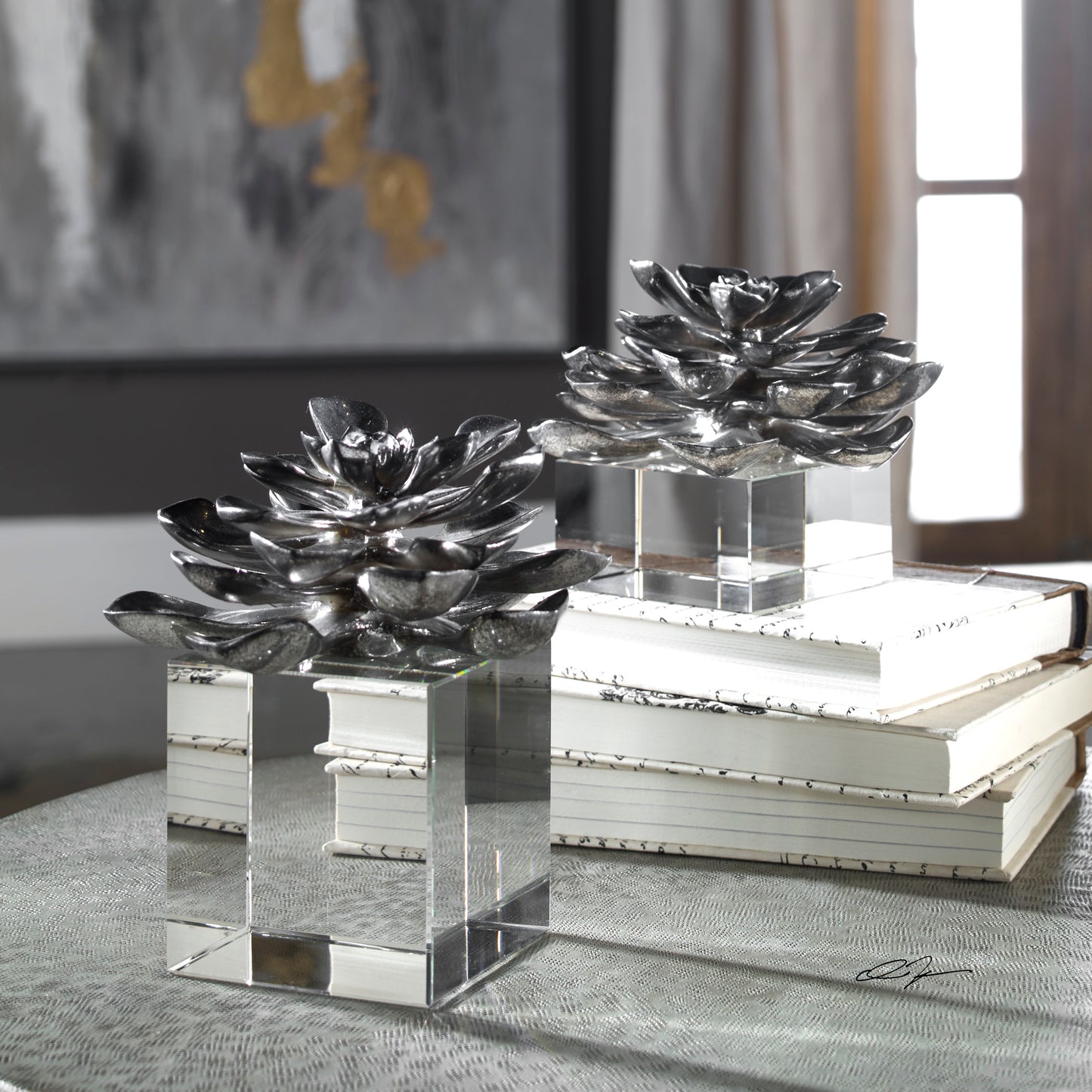 Uttermost Indian Lotus Metallic Silver Flowers S/2 20158