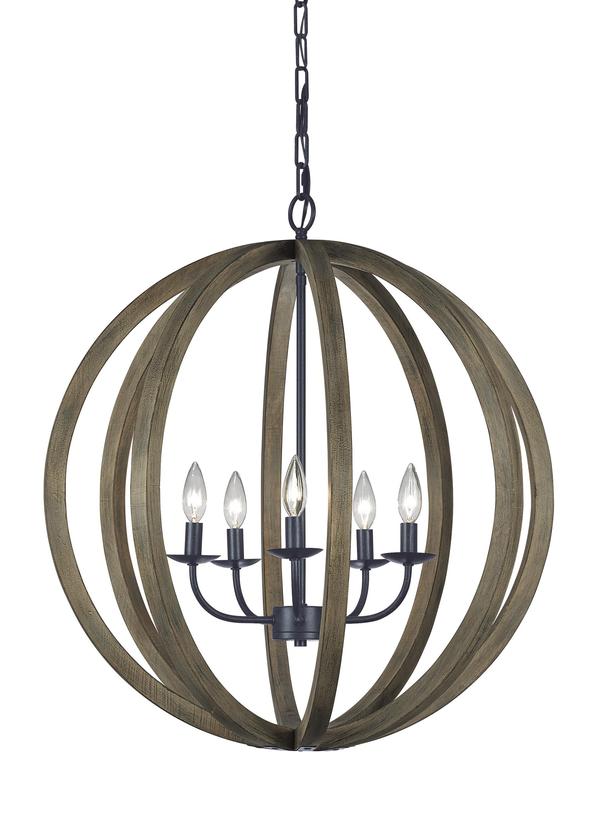 Visual Comfort Studio Sean Lavin Allier Medium Pendant in Weathered Oak Wood / Antique Forged Iron F2936/5WOW/AF