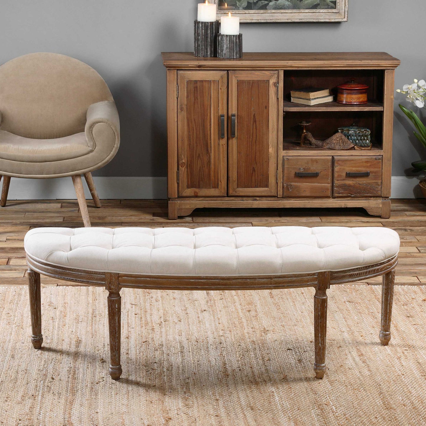 Uttermost Leggett Tufted White Bench 23196