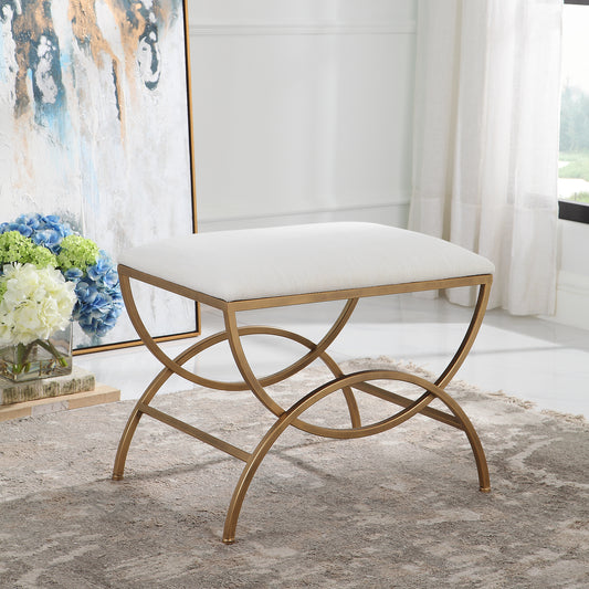 Lily Lifestyle Antique Brushed Brass Finish And A Cushioned Top Upholstered In An Off White Textured Fabric