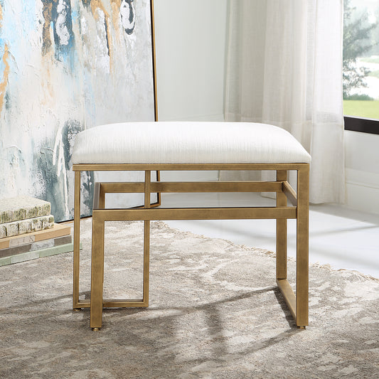 Lily Lifestyle Antique Brushed Brass Finish And A Cushioned Top Upholstered In An Off White Slightly Textured Fabric