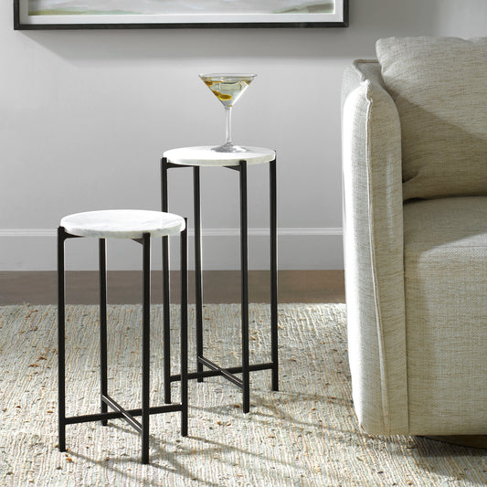 Lily Lifestyle Set Of 2 Tables With White Marble Top And Iron Black Matte Powder Coated Frames