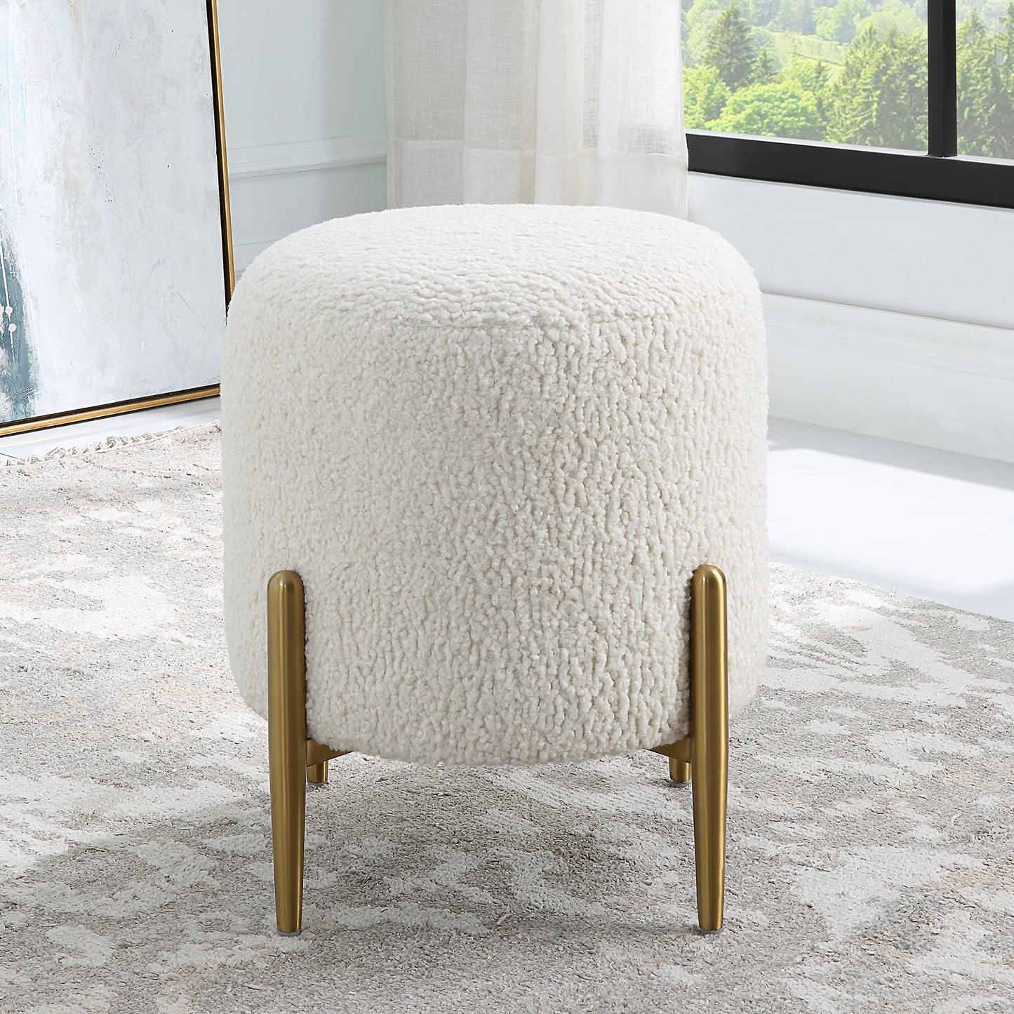 Uttermost Arles White Shearling Brass Ottoman 23821