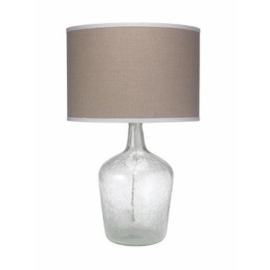 Jamie Young Plum Jar Table Lamp, Medium in Clear Seeded Glass with Classic Drum Shade in Natural Linen with White Linen Trim  1JAR-MDCL