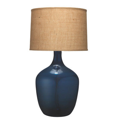 Jamie Young Plum Jar Table Lamp, Extra Large in Navy Blue Glass with Large Drum Shade in Natural Burlap  1PLUM-XLBL