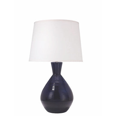 Jamie Young Ash Table Lamp in Navy Ceramic with Large Cone Shade in White Linen 9ASHNVC131L