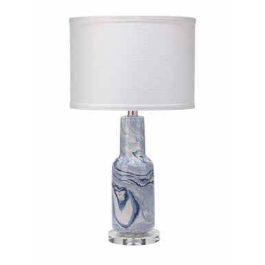 Jamie Young Nebula Table Lamp in Blue & White Ceramic Swirl with Small Drum Shade in White Linen 9NEBUBLD131S