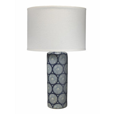 Jamie Young Neva Table Lamp in Blue and White Ceramic with Classic Drum Shade in White Linen  9NEVABLD131C