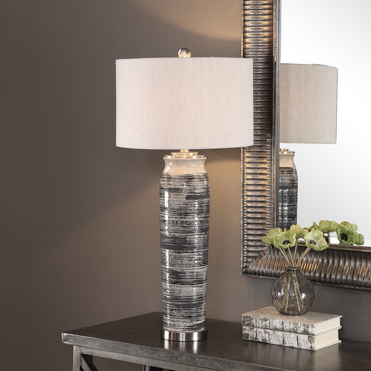 Lily Lifestyle A Combination Of Glaze And Painted Ceramic Creating Colors Of Dark Gray, Cream, And Espresso This Combination Adds Texture To The Slightly Tapered Base Brushed Plated Nickel Accents