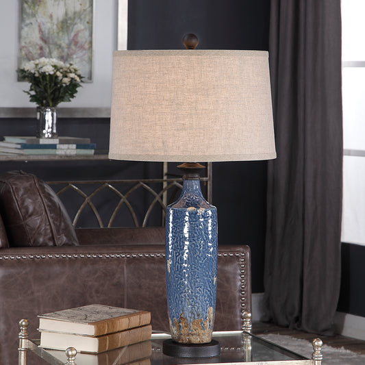 Lily Lifestyle Blue, Textured Ceramic Base With Heavy Dark Khaki Distressing, With Dark, Textured Bronze Accents