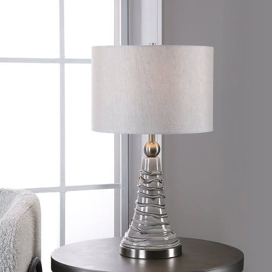 Lily Lifestyle Dove Gray Ceramic Base With Uneven, Wavy Lines And Brushed Nickel Accents