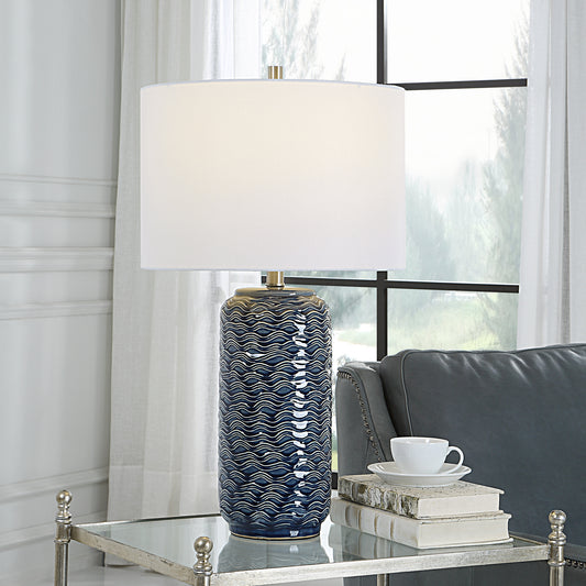 Lily Lifestyle Blue Ceramic Base Featuring A White Wave Pattern Design And Accented With Brushed Nickel