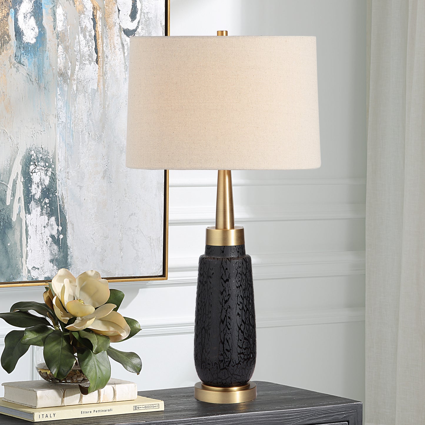 Uttermost Spyglass Black Wood Grain Table Lamp 30261