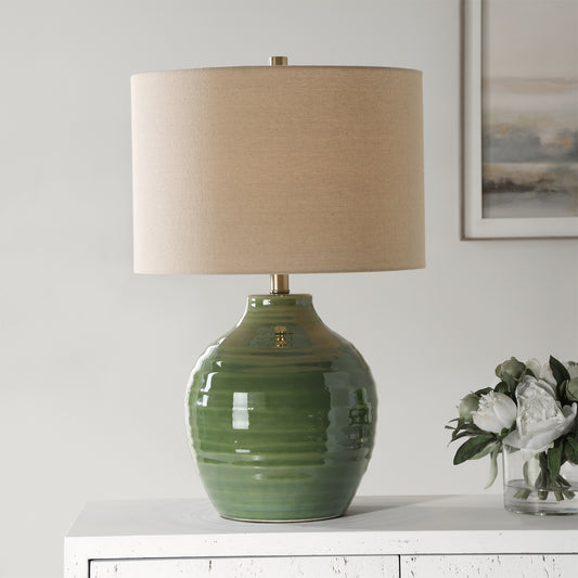 Lily Lifestyle Ceramic Textured Base Finished In A Moss Green Glaze And Accented With Antique Brass Details