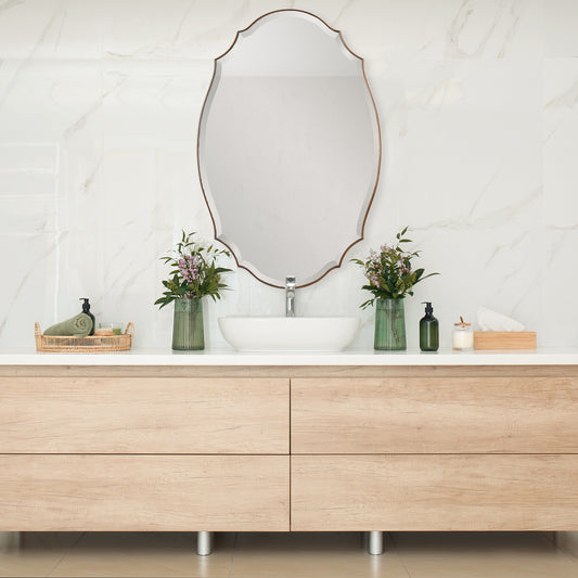 Lily Lifestyle Shaped Bevel Mirror Accented With A Rounded Edged Wood Frame, And Antique Bronze And Gold Finish