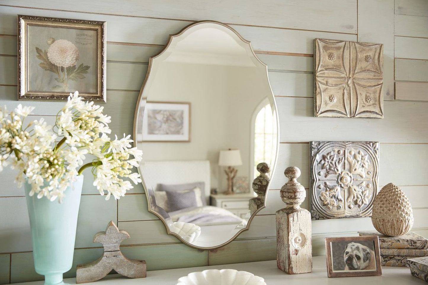 Lily Lifestyle Shaped Beveled Mirror Accented With A Rounded Edged Frame, With Burnished Silver Finish