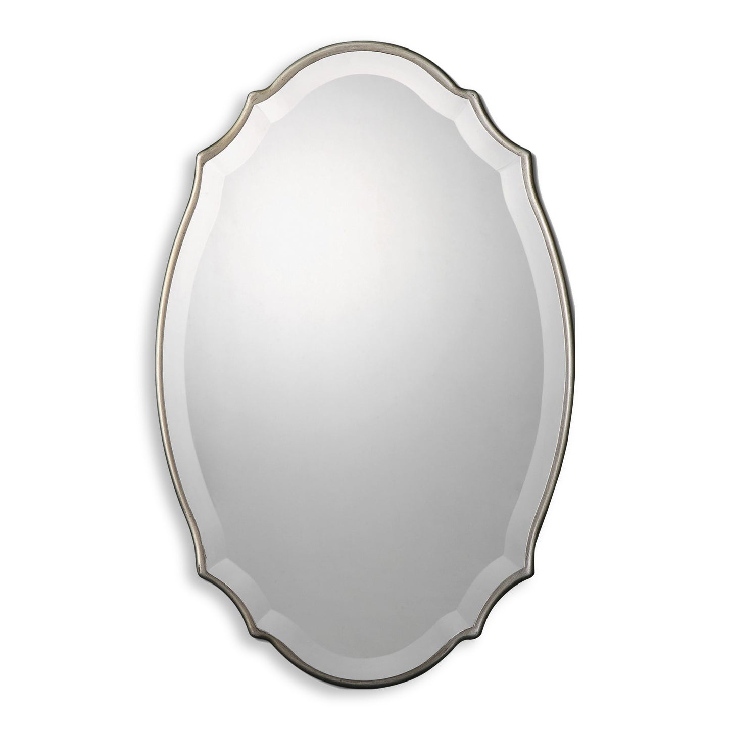 Lily Lifestyle Shaped Beveled Mirror Accented With A Rounded Edged Frame, With Burnished Silver Finish