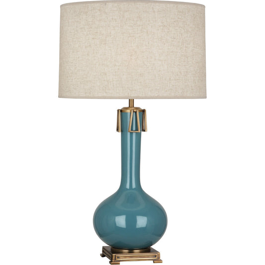 Robert Abbey  Steel Blue Athena Table Lamp in Steel Blue Glazed Ceramic with Aged Brass Accents OB992