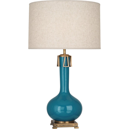 Robert Abbey  Peacock Athena Table Lamp in Peacock Glazed Ceramic with Aged Brass Accents PC992