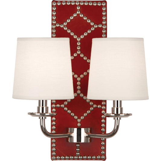 Robert Abbey  Williamsburg Williamsburg Lightfoot Wall Sconce in Backplate Upholstered in Dragons Blood Leather with Nailhead Detail and Polished Nickel Accents S1031