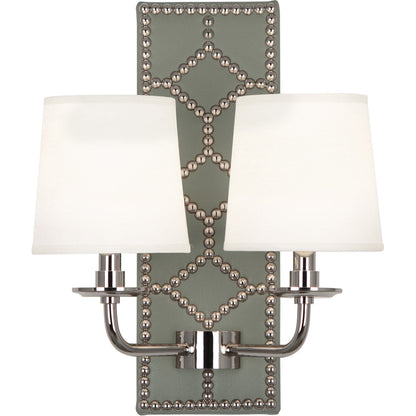 Robert Abbey  Williamsburg Williamsburg Lightfoot Wall Sconce in Backplate Upholstered in Carter Gray Leather with Nailhead Detail and Polished Nickel Accents S1034