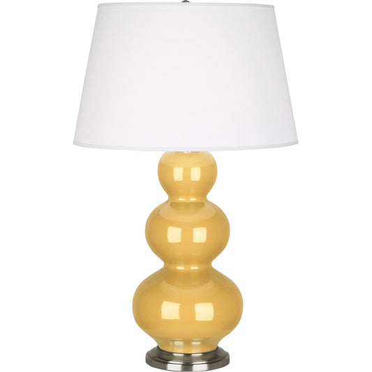 Robert Abbey  Sunset Triple Gourd Table Lamp in Sunset Yellow Glazed Ceramic with Antique Silver Finished Accents SU42X