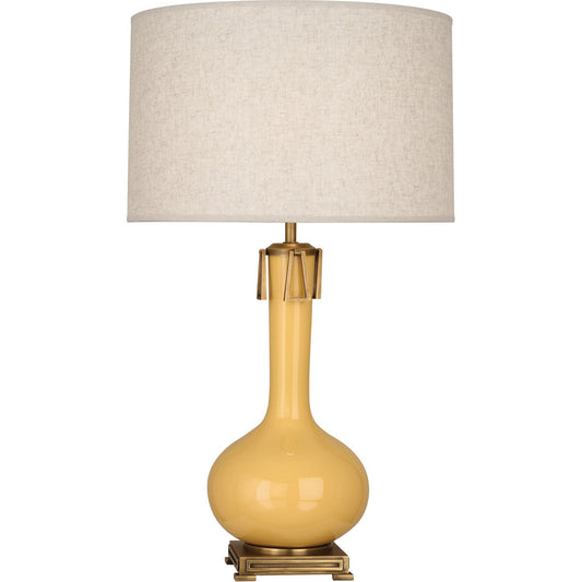 Robert Abbey  Sunset Athena Table Lamp in Sunset Yellow Glazed Ceramic with Aged Brass Accents SU992