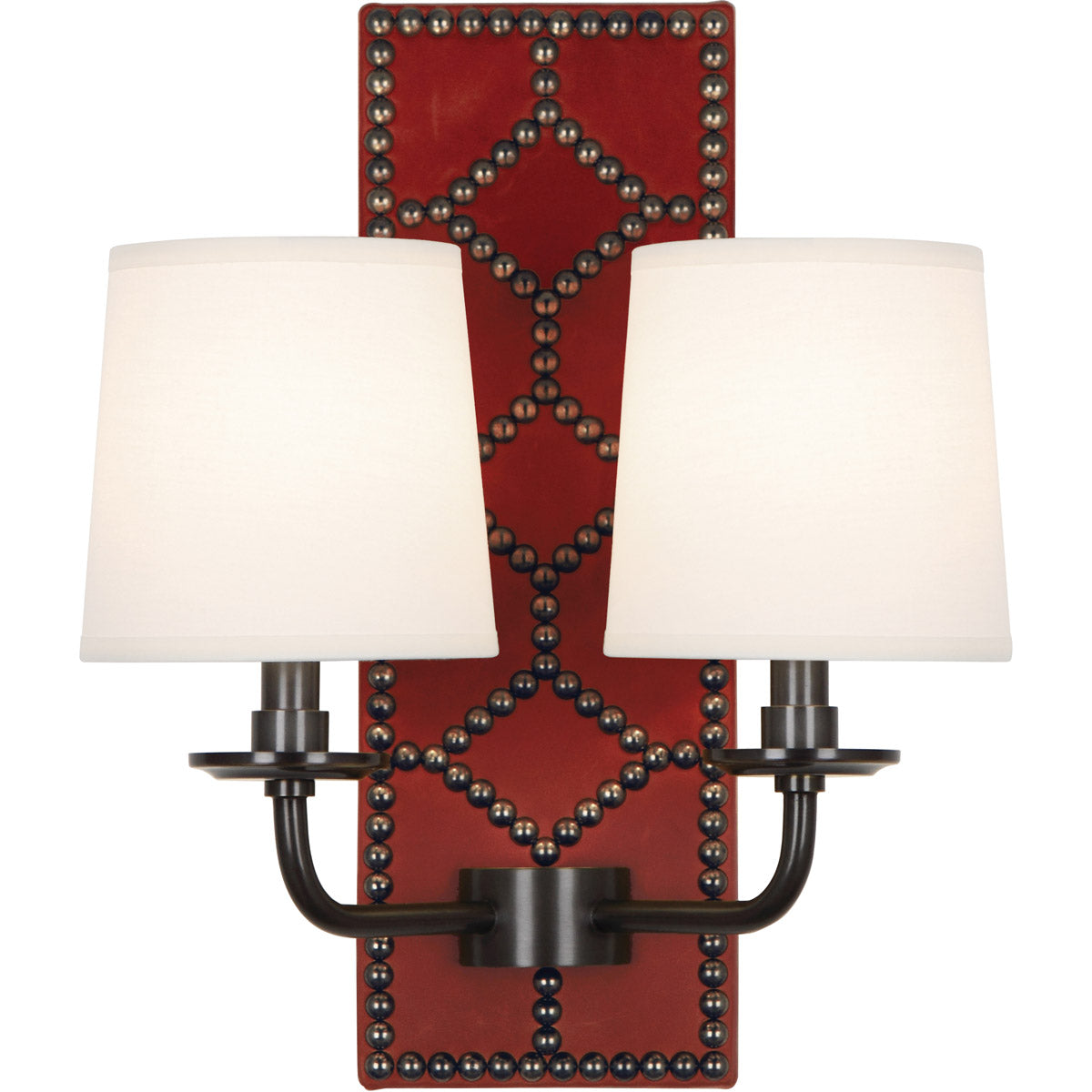 Robert Abbey  Williamsburg Williamsburg Lightfoot Wall Sconce in Backplate Upholstered in Dragons Blood Leather with Nailhead Detail and Deep Patina Bronze Accents Z1031