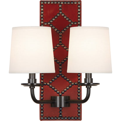 Robert Abbey  Williamsburg Williamsburg Lightfoot Wall Sconce in Backplate Upholstered in Dragons Blood Leather with Nailhead Detail and Deep Patina Bronze Accents Z1031