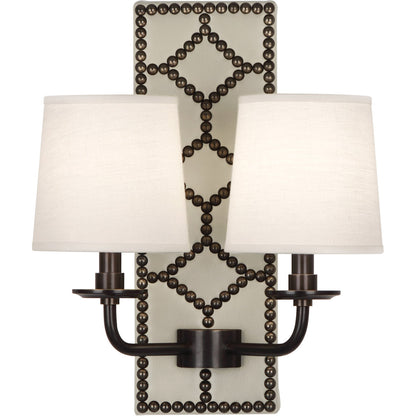 Robert Abbey  Williamsburg Williamsburg Lightfoot Wall Sconce in Backplate Upholstered in Bruton White Leather with Nailhead Detail and Deep Patina Bronze Accents Z1032