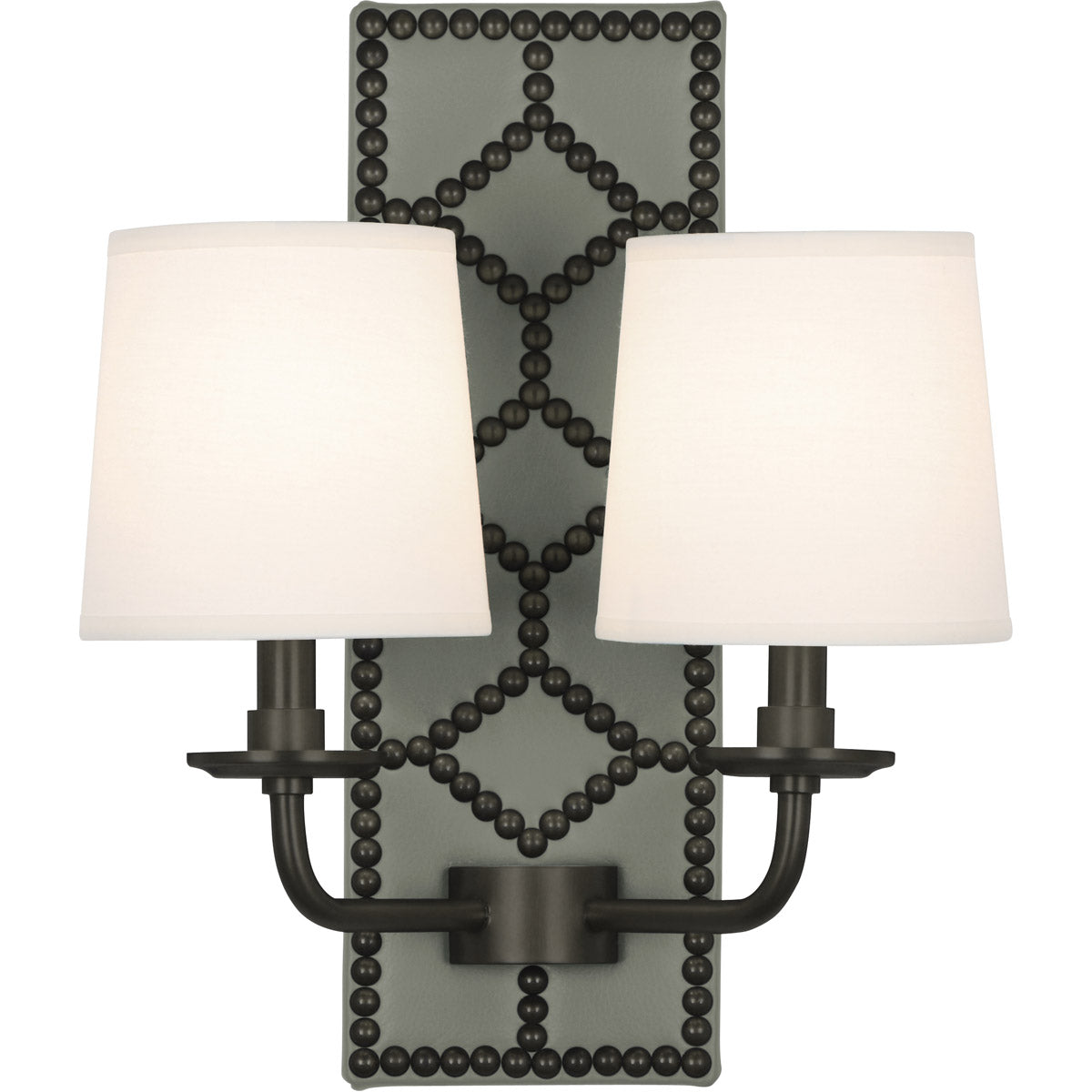 Robert Abbey  Williamsburg Williamsburg Lightfoot Wall Sconce in Backplate Upholstered in Carter Gray Leather with Nailhead Detail and Deep Patina Bronze Accents Z1034