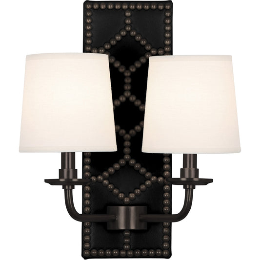 Robert Abbey  Williamsburg Williamsburg Lightfoot Wall Sconce in Backplate Upholstered in Blacksmith Black Leather with Nailhead Detail and Deep Patina Bronze Accents Z1035