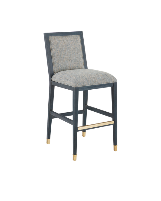 Currey & Co Santos Vintage Navy Bar Stool, Barrett Dusk in Vintage Navy/Performance Barrett Dusk/Satin Brass 7000-0922