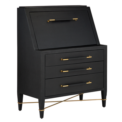 Currey & Co. 36" Verona Black Laquered Linen Secretary Desk 3000-0268